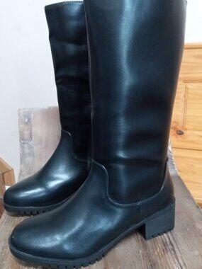 Perphy Women's Round Toe Side Zip Low Chunky Heels Mid Calf Sock Boots Black NE!